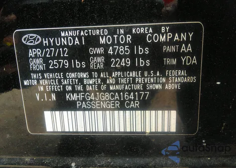 2012 Hyundai Azera from USA, damaged, VIN KMHFG4JG8CA164177
